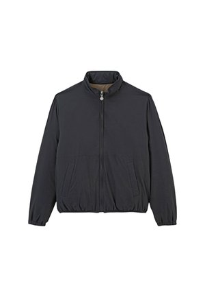 Veste noire légère avec fermeture éclair, col montant et deux poches avant. Dotée de poignets élastiques et d'un ourlet côtelé pour plus de confort.