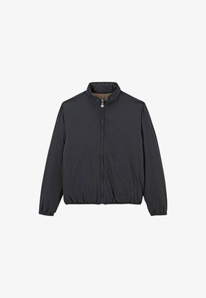 Veste noire légère avec fermeture éclair, col montant et deux poches avant. Dotée de poignets élastiques et d'un ourlet côtelé pour plus de confort.