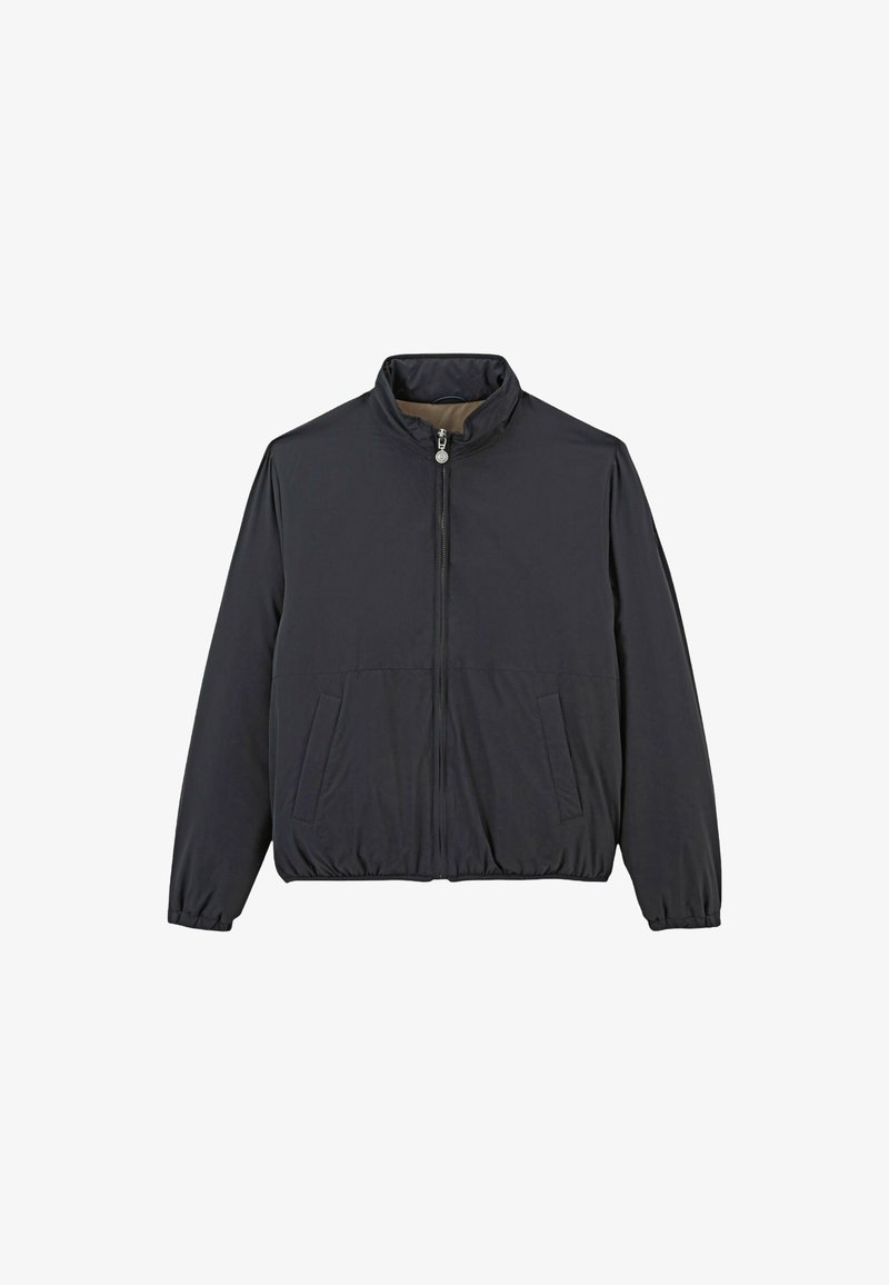Veste noire légère avec fermeture éclair, col montant et deux poches avant. Dotée de poignets élastiques et d'un ourlet côtelé pour plus de confort.