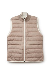 Lichtbruine gewatteerde vest met een hoge kraag, ritssluiting en contrasterende witte bies langs de randen. Gestructureerde stof met geborduurde secties.