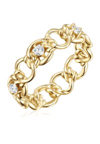 Aukso grandinėlės žiedas turi tarpusavyje susijungusias kilpas su trimis apvaliais skaidriais akmenimis, tolygiai išdėstytais. Lygus, poliruotas paviršius su prabangiomis tekstūromis.