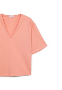 Maglietta a maniche corte con scollatura a V in morbido tessuto corallo. Presenta una vestibilità comoda con una superficie liscia e minimi dettagli di cucitura.
