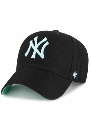 Schwarze Baseballmütze mit einem hellblau gestickten New York Yankees-Logo, gebogenem Schirm und mintgrünem Unterrand. Mit '47'-Logo an der Seite.