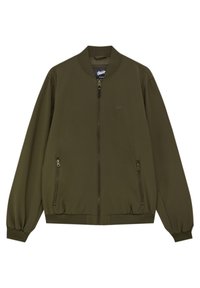 Veste bomber vert olive avec texture côtelée verticale, fermeture éclair à l'avant, poches zippées, poignets et col élastiques.