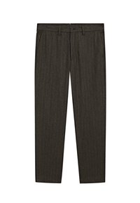 Donkergrijze pinstripe broek van gladde stof. Voorzien van steekzakken, een knoopsluiting en taps toelopende broekspijpen. Eenvoudig ontwerp zonder versieringen.