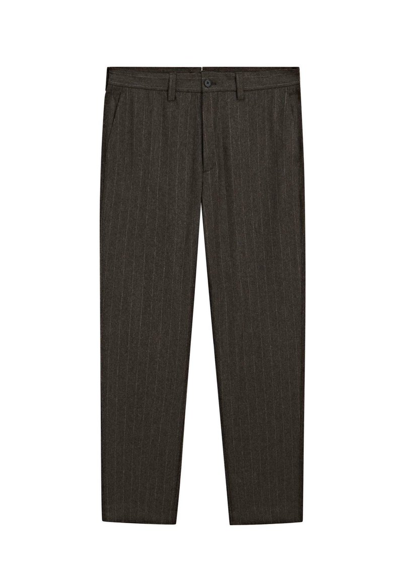 Donkergrijze pinstripe broek van gladde stof. Voorzien van steekzakken, een knoopsluiting en taps toelopende broekspijpen. Eenvoudig ontwerp zonder versieringen.