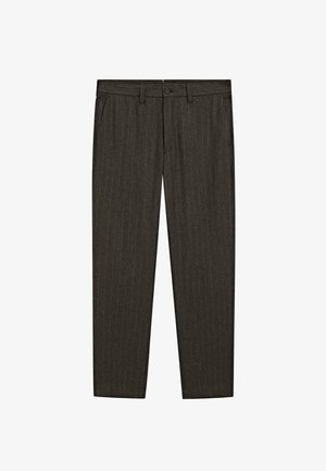Dunkelgraue Nadelstreifenhose aus glattem Stoff. Mit Fronttaschen, Knopfverschluss und schmal zulaufenden Beinen. Schlichtes Design ohne Verzierungen.