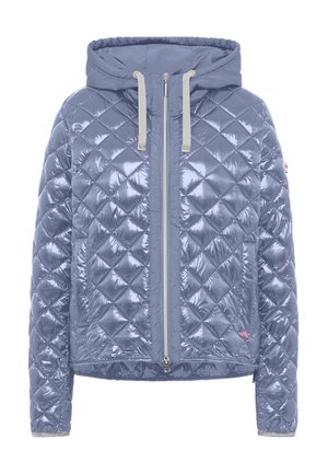 Gepolsterte Kapuzenjacke in Hellblau, mit glänzendem Material, Frontreißverschluss mit zwei Zuglaschen und kontrastierenden Akzenten an den Bündchen.