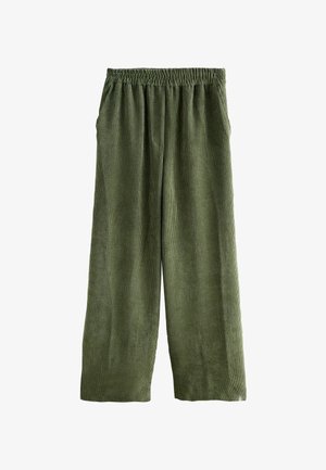 Pantalons en velours côtelé vert à jambes larges avec une taille élastique, présentant une texture côtelée verticale et des poches latérales.
