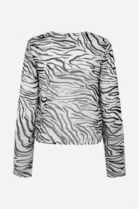 Durchsichtige langärmelige Bluse mit einem schwarz-weißen Zebra-Streifenmuster. Mit cropped Design, Rundhalsausschnitt und weichem, leichtem Material.