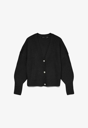 Mustast kudumist kardigan V-kaelusega, pikkade varrukatega, soonikkoes mansettide ja äärega ning kolme hõbedase dekoratiivse nupuga esiküljel.