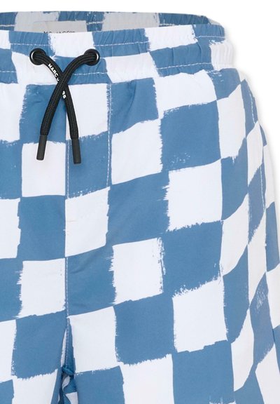 Blue and white checkered swim shorts with a textured pattern. Elastic waistband with a black drawstring for adjustment.