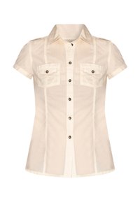 Blusa beige a maniche corte con bottone frontale, due taschini sul petto e cuciture a contrasto. Tessuto liscio e design con colletto classico.