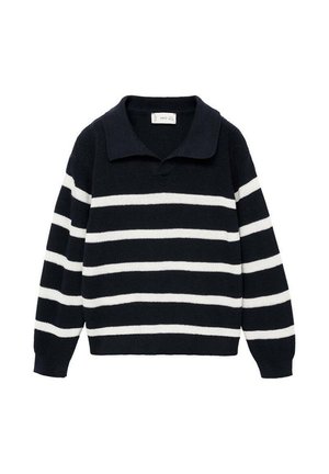 Pullover blu navy con strisce orizzontali bianche, dotato di colletto, maniche lunghe e tessuto a maglia testurizzata.