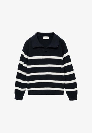 Pullover blu navy con strisce orizzontali bianche, dotato di colletto, maniche lunghe e tessuto a maglia testurizzata.