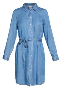 Denim-hameenomainen paita vaaleansinisessä värissä, jossa on kauluskrae ja pitkät hihat. Edessä napitus ja vyötärön sitomiseen tarkoitettu vyö, joka luo vartalonmyötäisen siluetin.