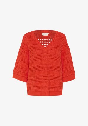 Rød v-hals strikket sweater med løs pasform, korte ærmer og teksturerede mønstre med udskæringer på den øverste del.