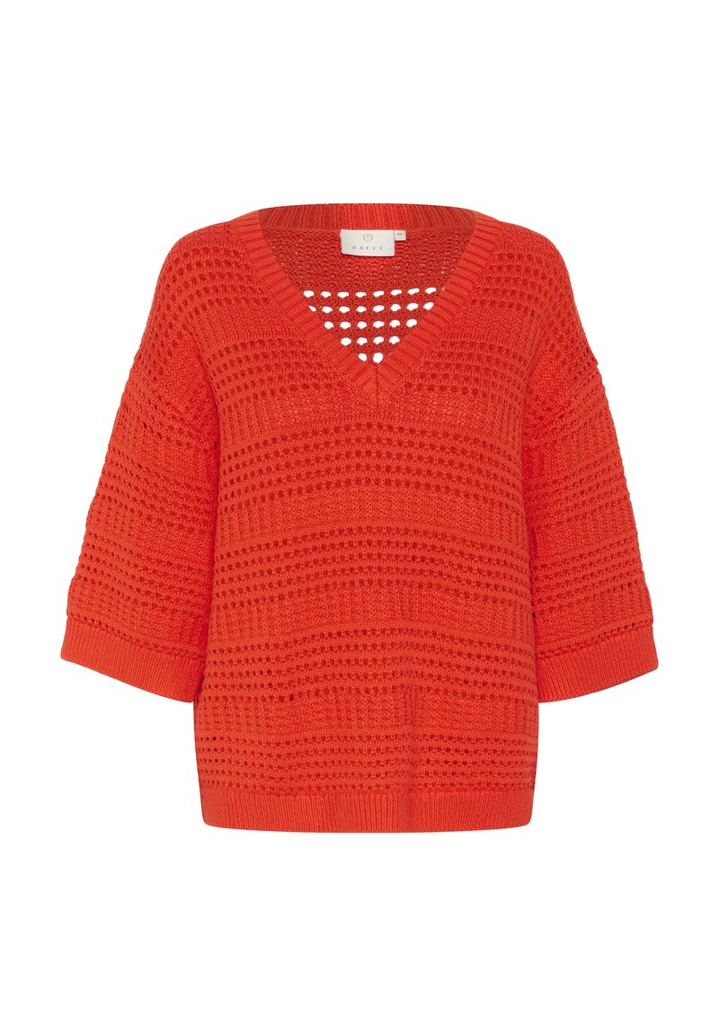 Rode v-hals gebreide trui met een losse pasvorm, korte mouwen en textuurpatronen met uitsnijdingen op het bovenste gedeelte.