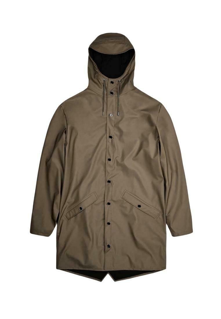 Imperméable khaki avec capuche, en matériau imperméable, doté d'une fermeture à boutons, de deux poches avant et d'une coupe droite.