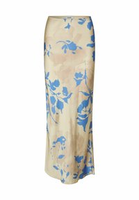 Beige maxi rok met blauwe botanische print, voorzien van een gladde stof en een aansluitende silhouet die uitloopt bij de zoom.