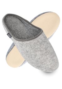 Gray felt slippers with soft, textured upper and a beige rubber sole featuring a textured grip pattern. Rounded shape and slip-on design.