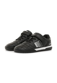 Schwarze Sportschuhe aus synthetischem Material, mit einem strukturierten Obermaterial, Schnür- und Klettverschluss, weißen Akzenten und einer Gummisohle.