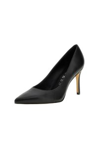Scarpa nera in pelle con tacco alto, punta affilata e tacco stiletto sottile con dettagli dorati. Texture liscia, design minimalista.