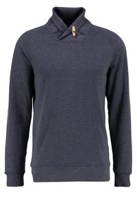 Tmavě modrá mikina s vysokým límcem, zapínáním na šňůrku a raglánovými rukávy. Vyrobená z měkké látky s hladkou texturou a žebrovanými manžetami.