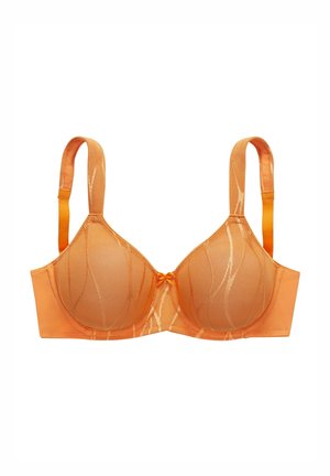 Orange Unterwäsche-BH mit transparenten Mesh-Cups, glattem Stoffband, verstellbaren Trägern und einer kleinen Schleifendetail in der Mitte.