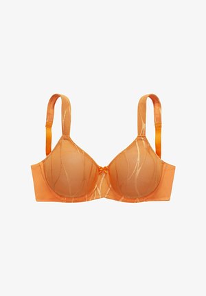 Orange Unterwäsche-BH mit transparenten Mesh-Cups, glattem Stoffband, verstellbaren Trägern und einer kleinen Schleifendetail in der Mitte.