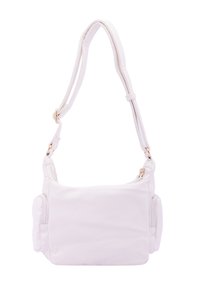 Borsa a tracolla bianca in pelle con superficie texture, tracolla regolabile e due tasche laterali con zip. Include dettagli in hardware dorato.