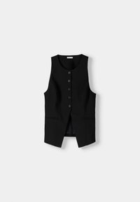 Svart ärmlös väst med fem framknappar och två horisontella fickor, visad mot en neutral vit bakgrund.