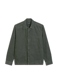 Zielona oliwkowa kurtka z sztruksu, zapinana na guziki, z zakrzywionym kołnierzem oraz długimi rękawami o subtelnej żebrowanej teksturze i detalem w postaci bocznej metki.