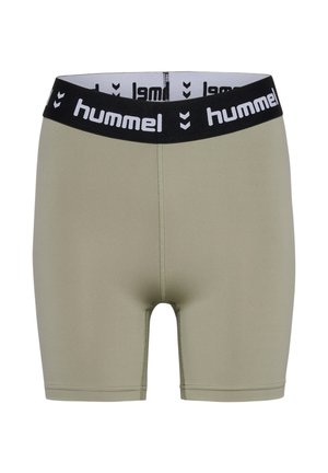 Elastiske shorts i lys olivengrøn med et sort liv med hvid "hummel" branding og subtile sømdetaljer.