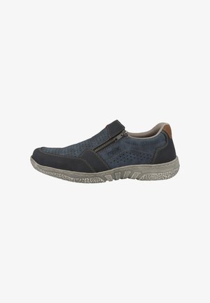 Blauer Leder-Slipper mit perforiertem Design, einem Seitenreißverschluss und einer grauen strukturierten Gummisohle. Brauner Akzent an der Ferse.