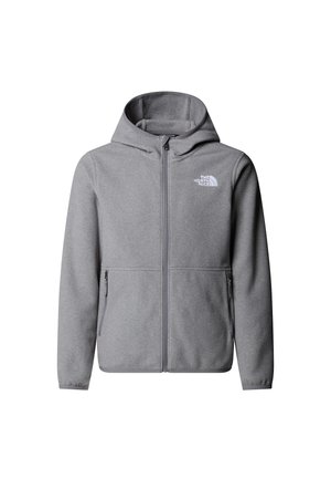 Grauer Fleece-Kapuzenpullover mit einem durchgehenden Frontreißverschluss, zwei Seitentaschen und einem Logo auf der linken Brustseite. Verfügt über eine Kapuze mit Kordelzug und gerippte Bündchen.