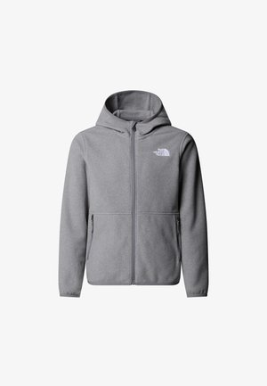 Grå fleece-hettegenser med hel glidelås foran, to sidelommer og en logo på venstre bryst. Har snorjusterbar hette og ribbestrikkede mansjetter.