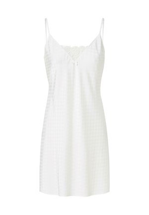 Vestido de satén blanco con tirantes finos ajustables, que presenta un escote de encaje y una textura con patrón de diamante, llegando a la mitad del muslo.