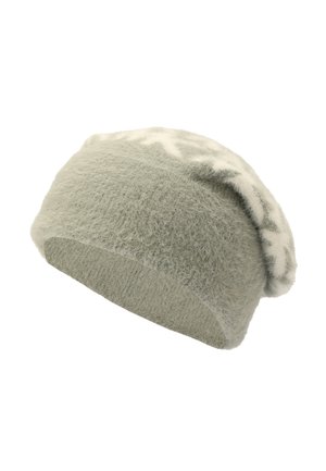 Boina verde claro hecha de un tejido suave y texturizado, con un borde blanco decorado a lo largo del borde. Diseño holgado para un ajuste relajado.