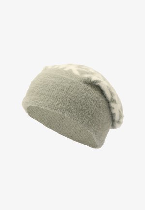 Light green beret made of soft, textured fabric, featuring a white patterned trim along the edge. Slouchy design for a relaxed fit.