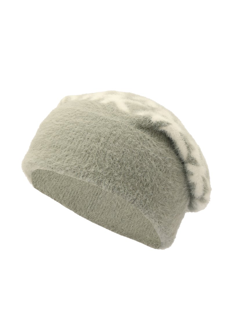 Béret vert clair en tissu doux et texturé, avec une bordure à motifs blancs le long du bord. Design décontracté pour un ajustement relax.