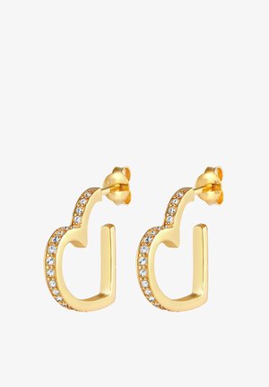 Cercei cu cerc auriu, având un design curbat și o serie de cristale clare pe margine, fixați cu închideri tip fluture.