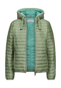 Hellgrüne gesteppte Jacke mit Kapuze, ausgestattet mit einem Reißverschluss vorne, kontrastierender Innenfutter und elastischen Bündchen. Mit Kordelzügen und Taschen.