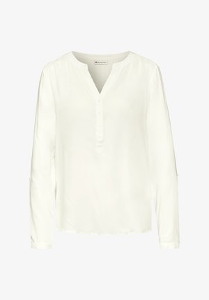 Hvid langærmet bluse med V-udskæring og gennemknapning, lavet af blødt stof og med en løs pasform. Inkluderer opfoldede manchetter med knapdetaljer.