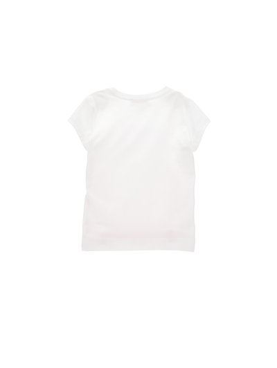 Camiseta de algodón blanca, de manga corta, con escote redondo, diseño liso y textura suave. Sin patrones ni gráficos visibles.