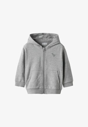 Sweat à capuche gris en mélange de coton doux, avec une fermeture éclair intégrale, deux poches avant et un petit logo de dinosaure sur la poitrine gauche.