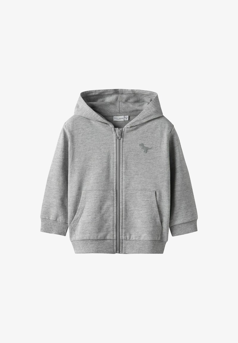 Sweat à capuche gris en mélange de coton doux, avec une fermeture éclair intégrale, deux poches avant et un petit logo de dinosaure sur la poitrine gauche.