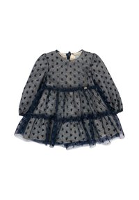 Granatowa sukienka dla małej dziewczynki z długimi przezroczystymi rękawami, warstwową falbaną i małymi wzorami w kokardki na całej powierzchni.