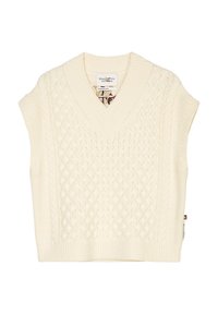 V-kaula-aukollinen, hihaton kermaan vivahtava neulepaita, jossa on punottu neulos ja resorit reunoissa. Sivussa on merkki ja koristeellinen vuori sisäpuolella.