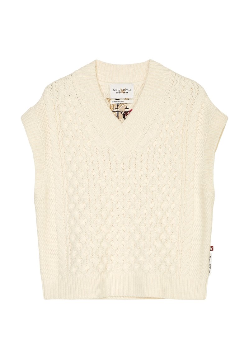 V-kaula-aukollinen, hihaton kermaan vivahtava neulepaita, jossa on punottu neulos ja resorit reunoissa. Sivussa on merkki ja koristeellinen vuori sisäpuolella.